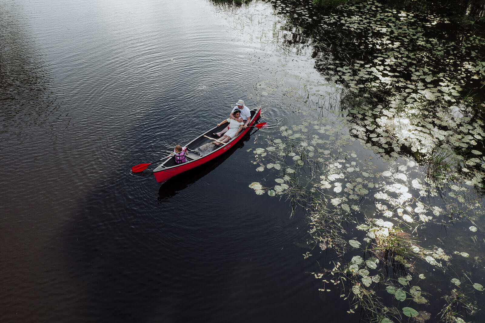  Drone photo of canoeing Rhode Island Elopement on the Wood River 