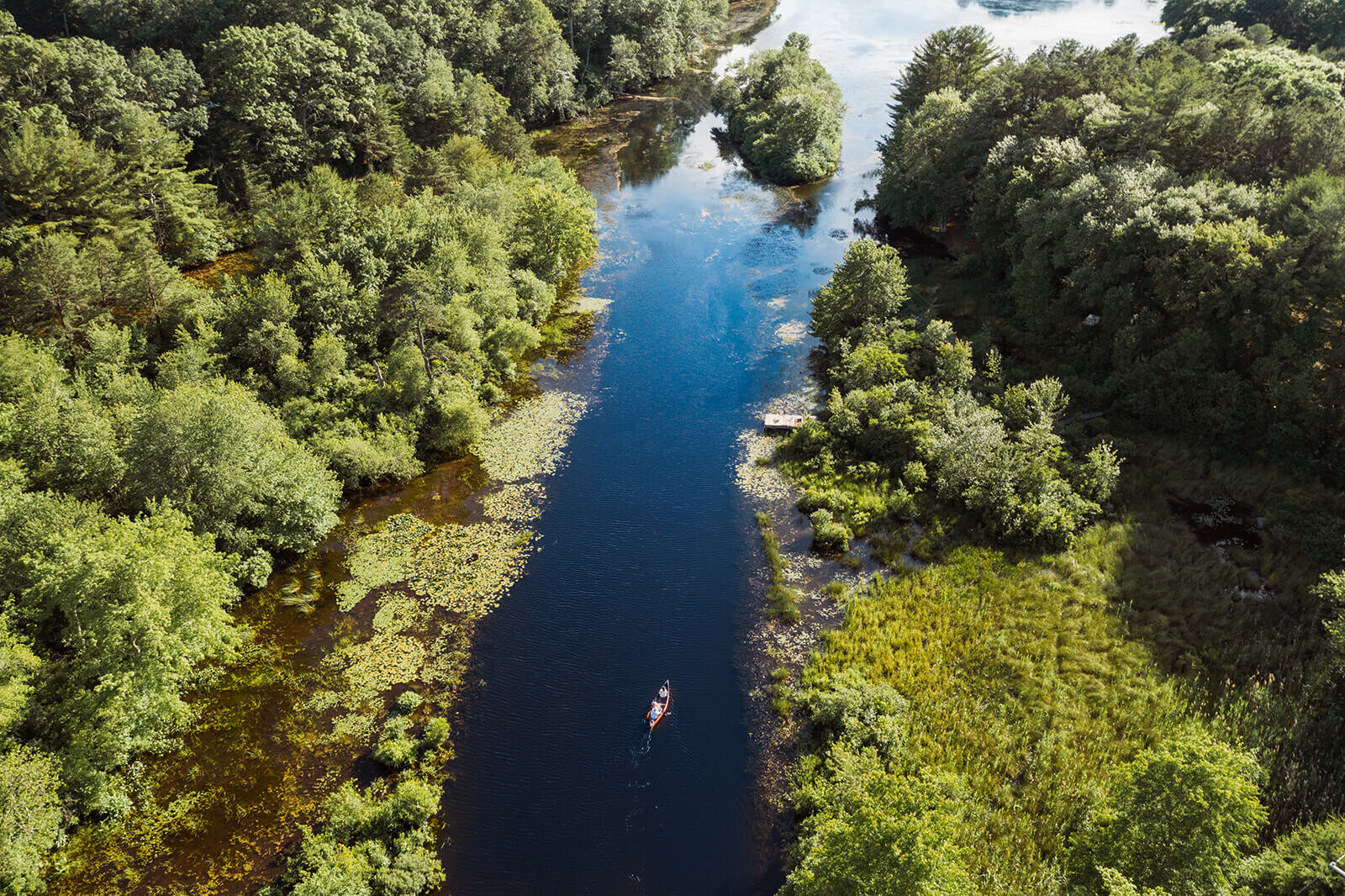  Drone photo of canoeing Rhode Island Elopement on the Wood River 