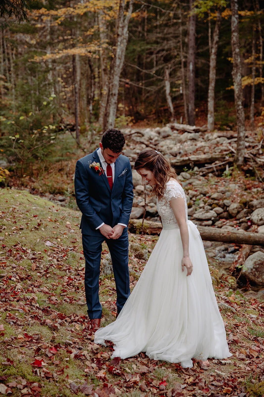  Couple sees each other for the first time during their elopement. Small outdoor wedding in the White Mountains, New Hampshire.  