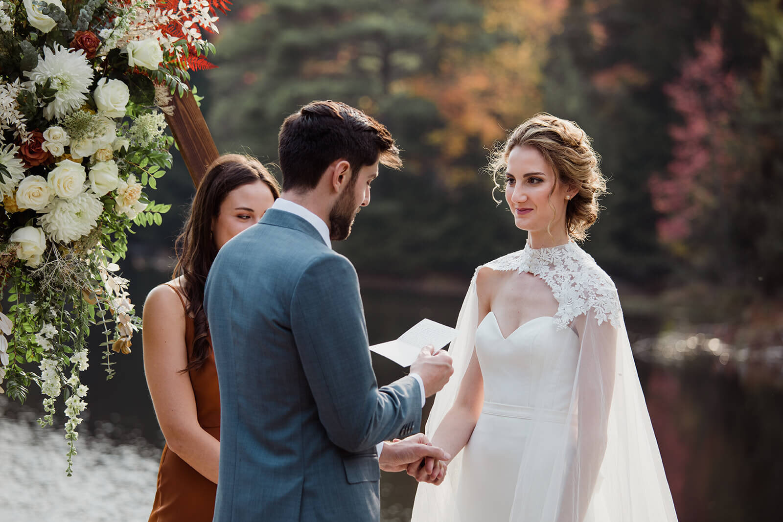  Small outdoor wedding on lake beach during the fall in the Adirondacks in Upstate New York. New York wedding packages. Upstate NY elopement packages. 