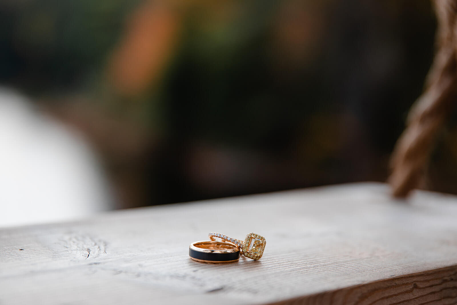  Wedding rings including the bride’s gorgeous yellow diamond ring. Adirondack small outdoor wedding Upstate NY. 