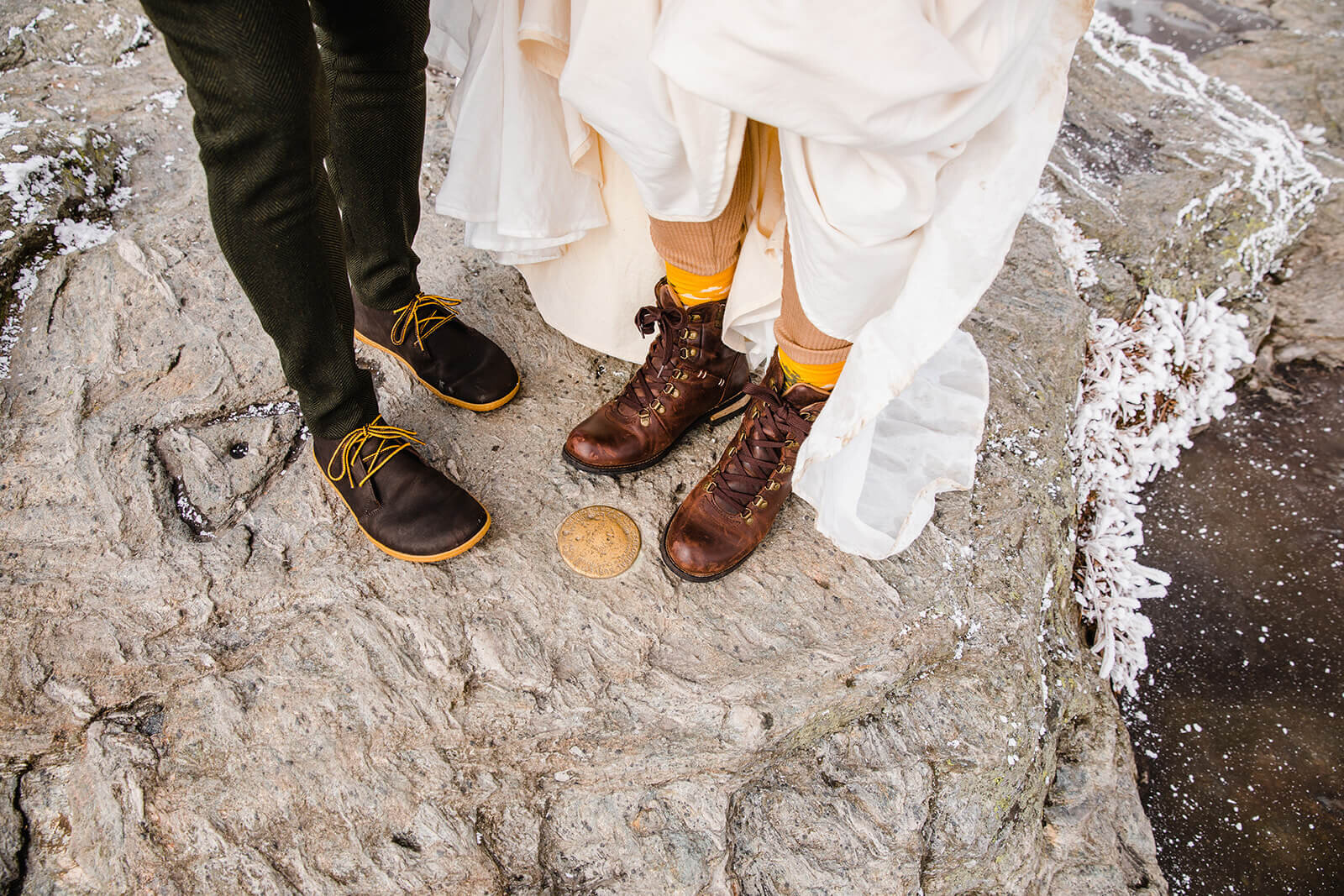  Eloping couple explores summit during their adventure elopement on Mt. Mansfield, Vermont’s tallest mountain.  Vermont mountain wedding. Vermont winter elopement. Vermont elopement packages. 