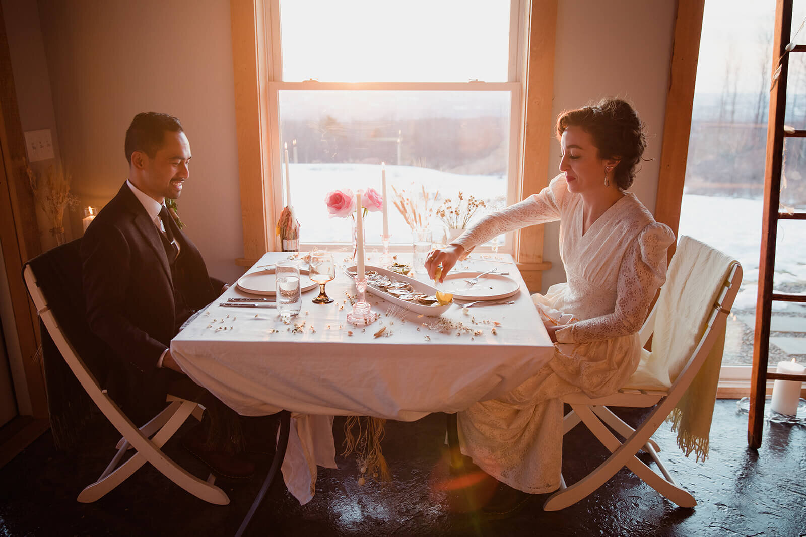  Stylish NYC couple elope late winter in the Finger Lakes region of Upstate NY.  Private chef dinner 