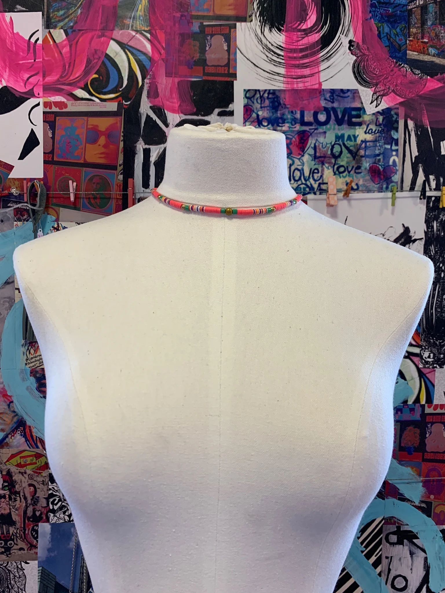 Pink &amp; Green Adjustable Vinyl Choker with Brass Accents