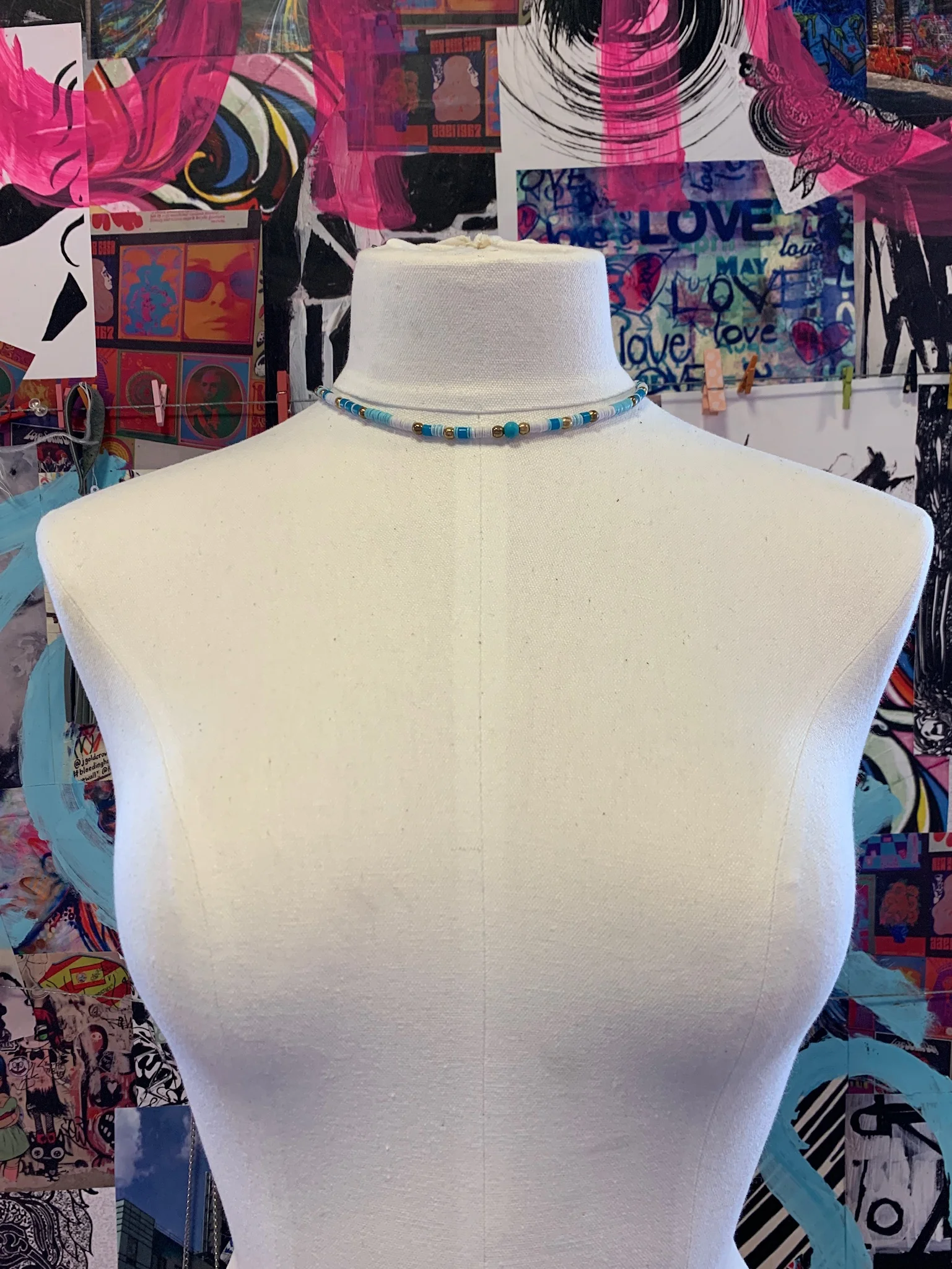 Blue &amp; White Vinyl Adjustable Choker with Brass Accents