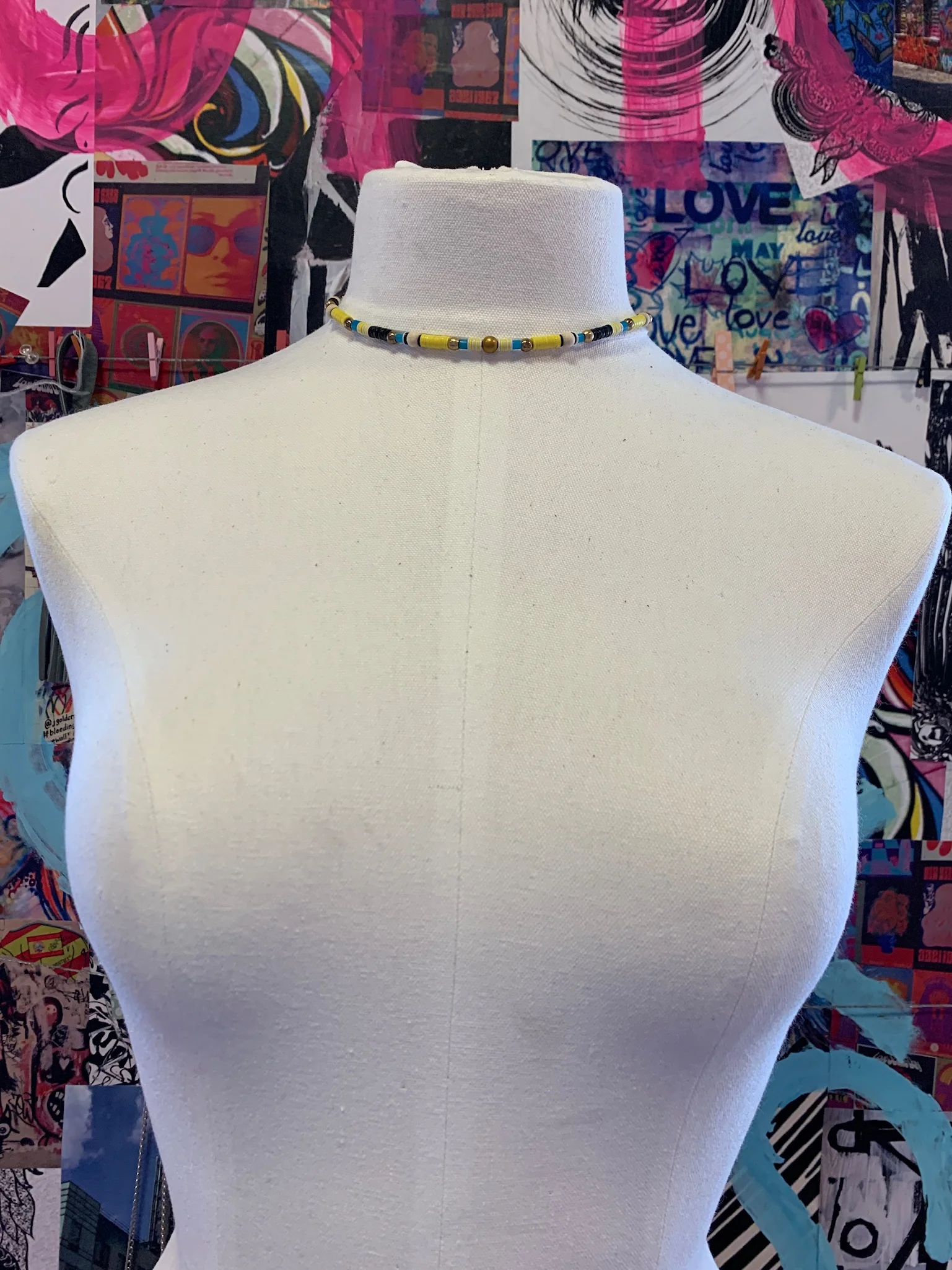 Yellow &amp; Blue Vinyl Adjustable Choker with Brass Accents