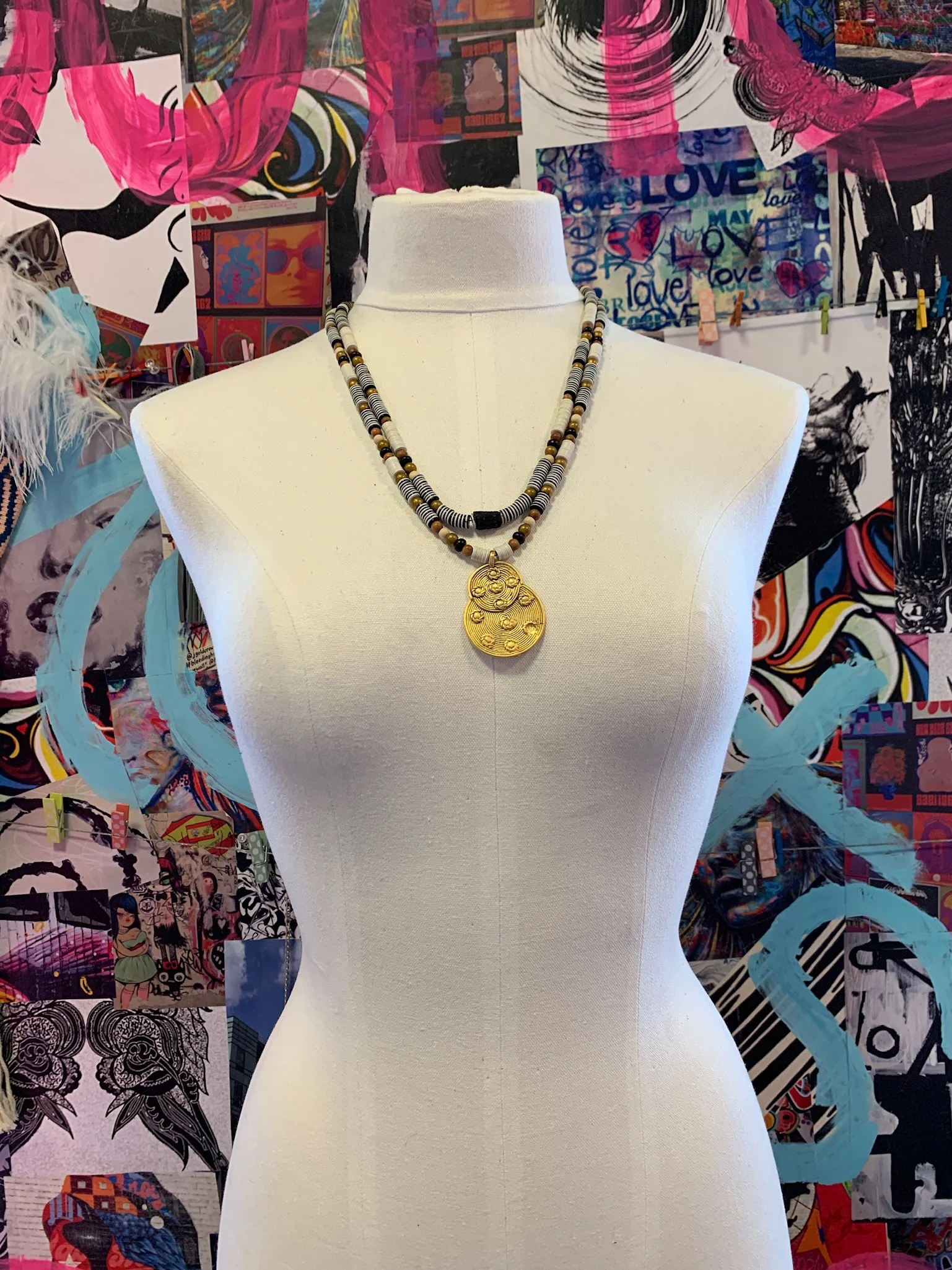 Black &amp; White African Vinyl Wrap Necklace with Ivory Coast Vintage Brass Pendant