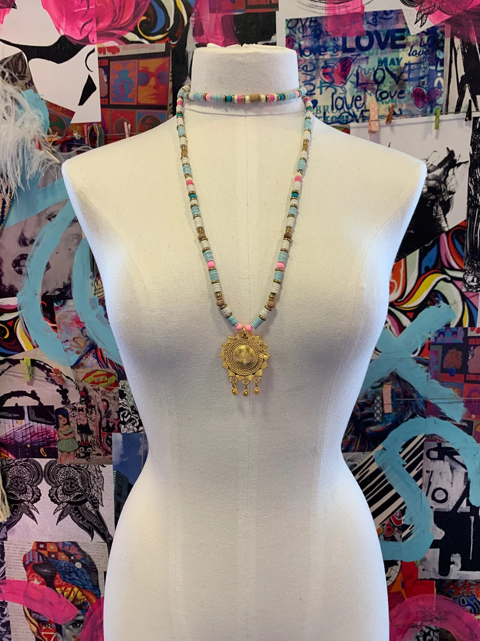 Pink &amp; Blue Wrap African Vinyl and Brass Necklace with Ivory Coast Vintage Brass Pendant