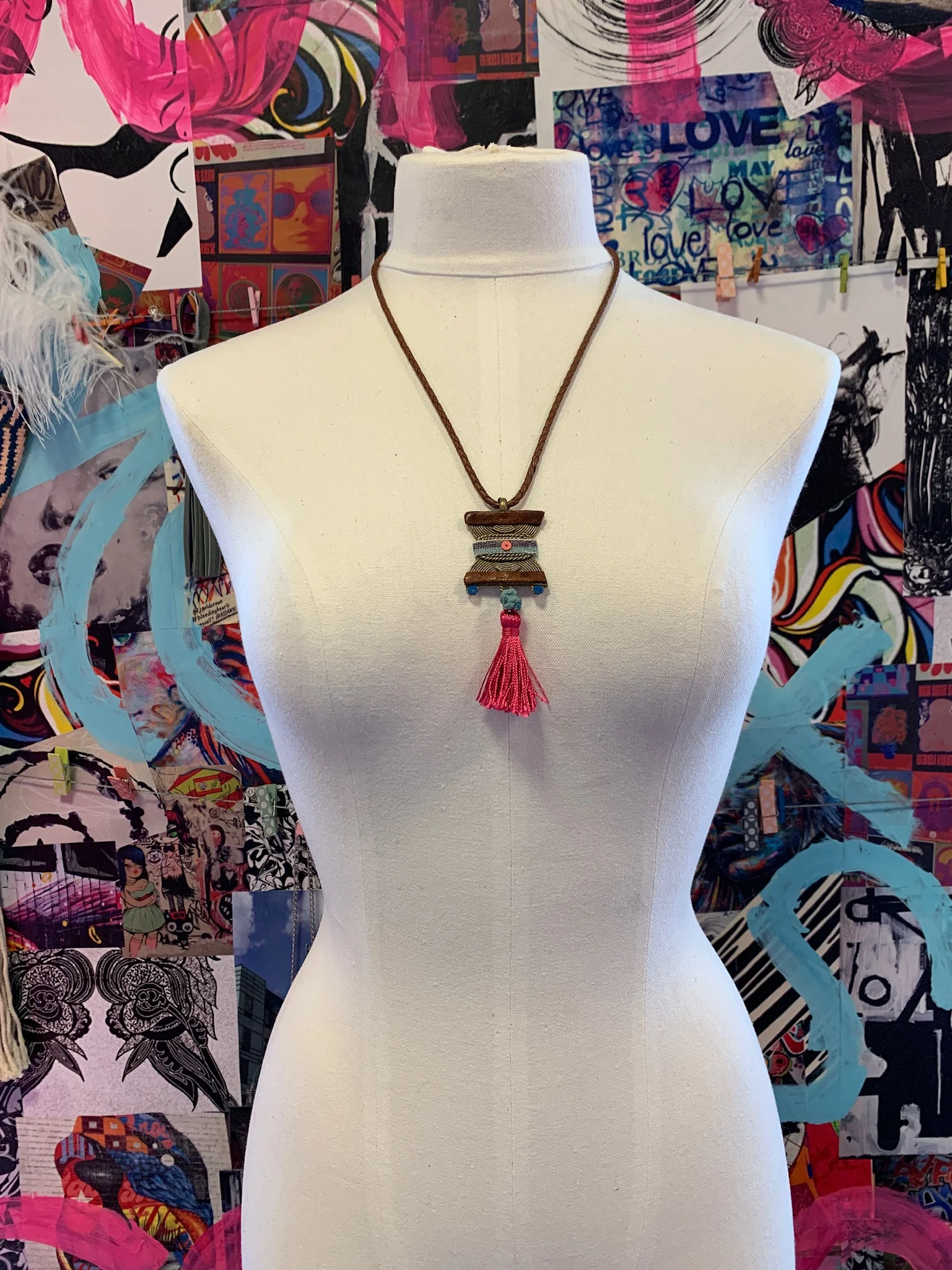Pink &amp; Blue Pendant with Pink Tassel