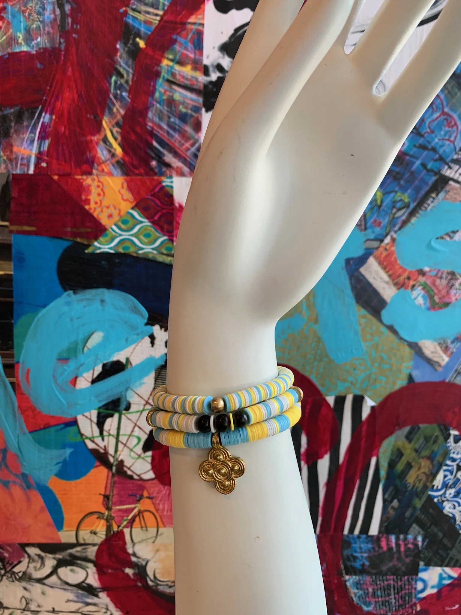Yellow &amp; Blue &amp; Brass African Vinyl Bracelet Trio Stack with Brass Charm