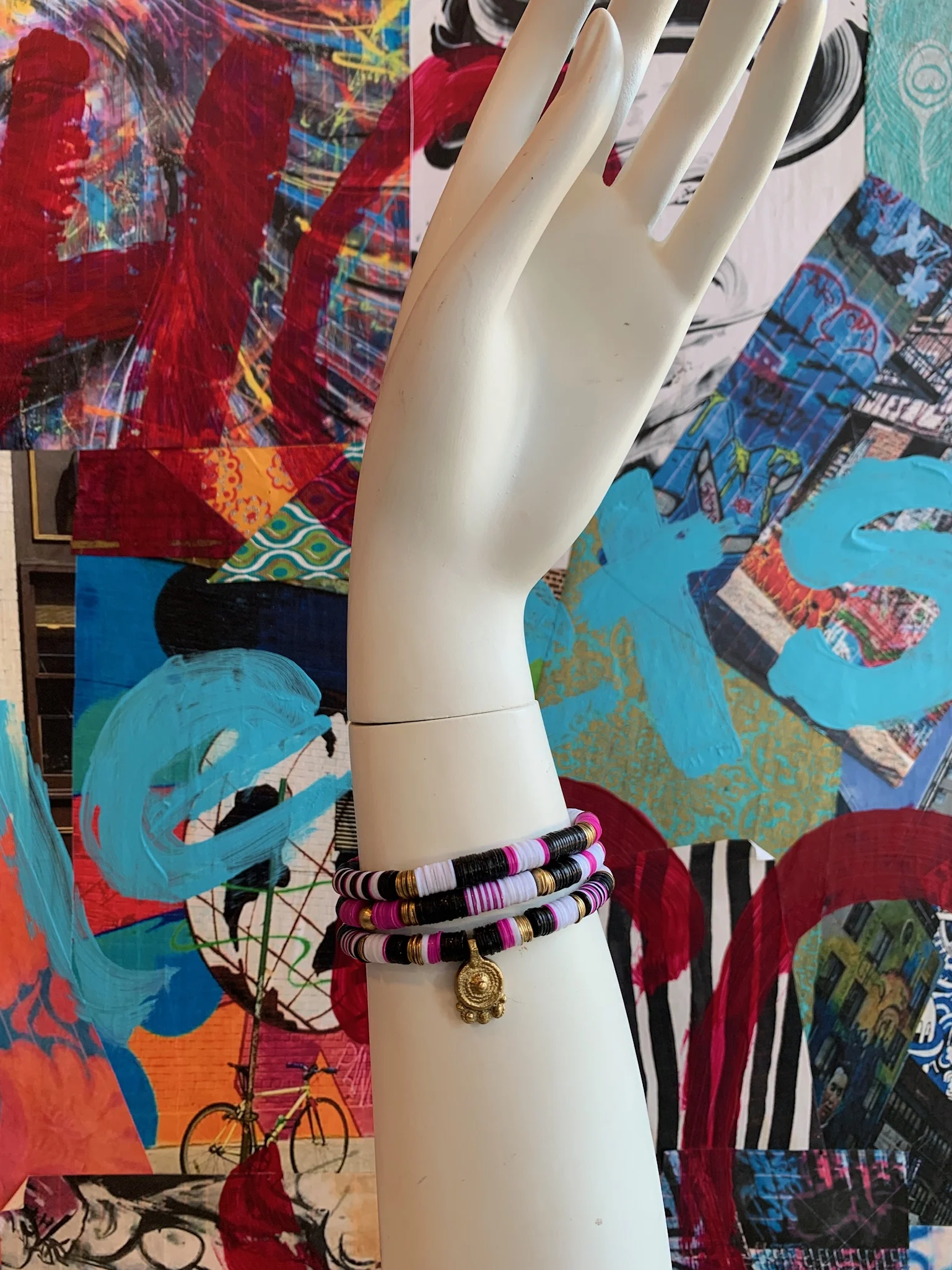 Pink &amp; Black &amp; Brass Vinyl Bracelet Trio Stack with Brass Charm