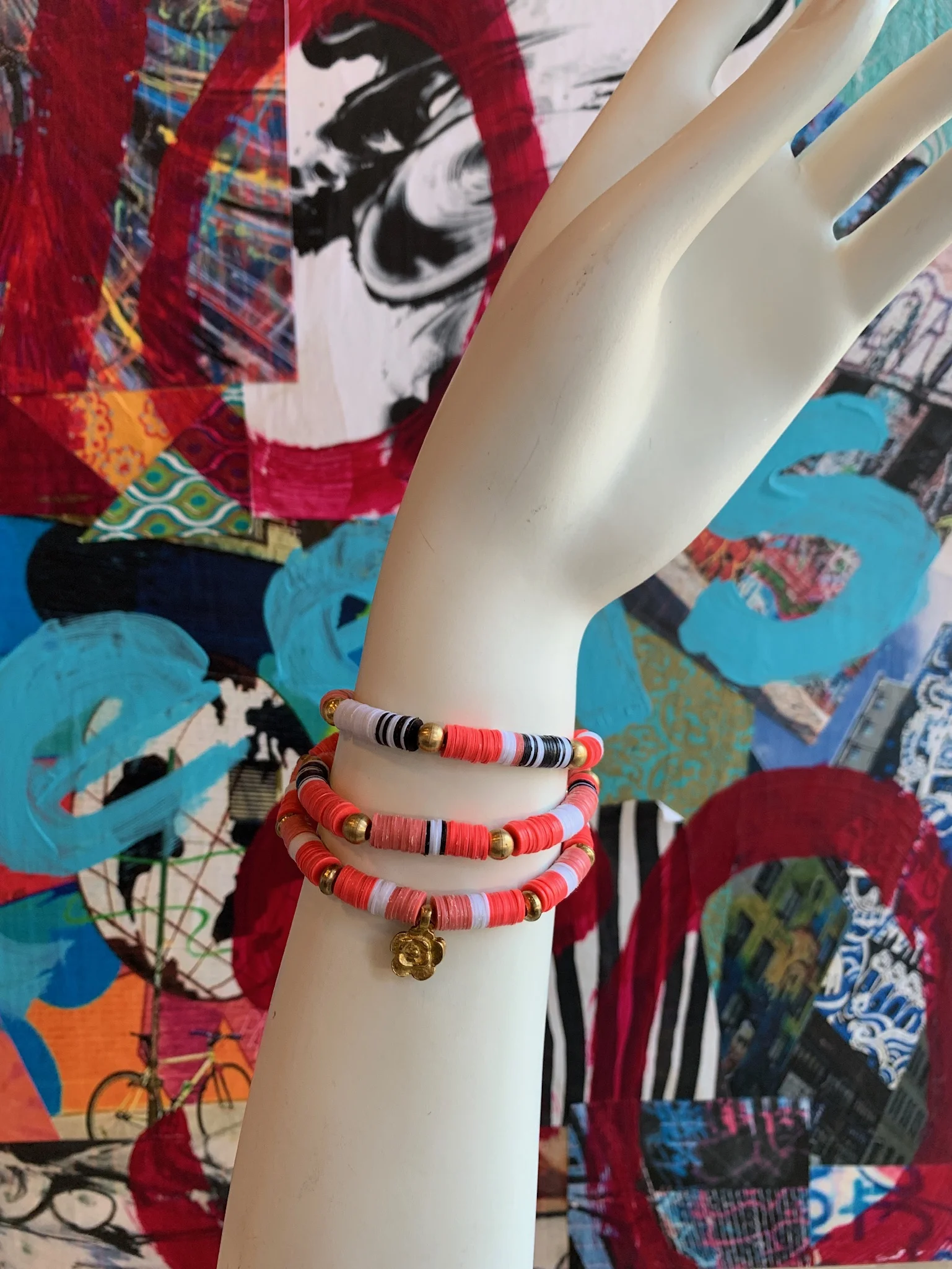 Orange &amp; Black &amp; Brass Vinyl Trio Bracelet with Charm