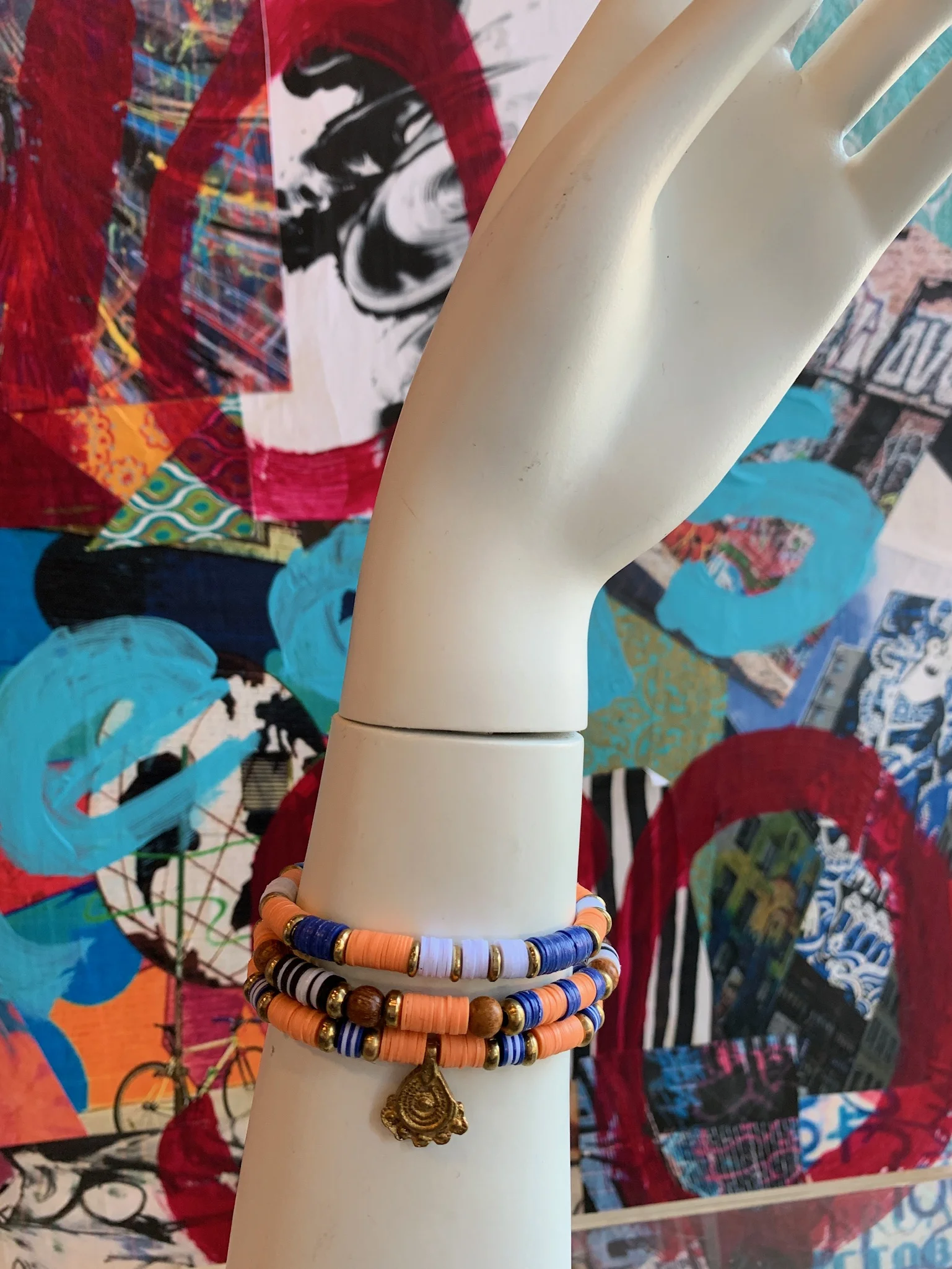 Blue &amp; Orange &amp; Brass Vinyl Trio Bracelet Stack