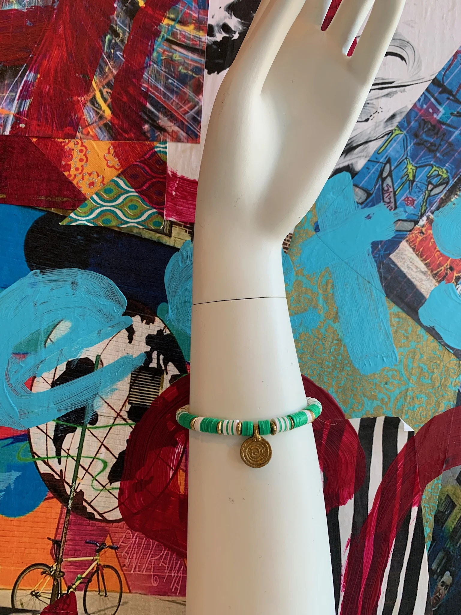 Green &amp; White Vinyl Bracelet with Brass Charm