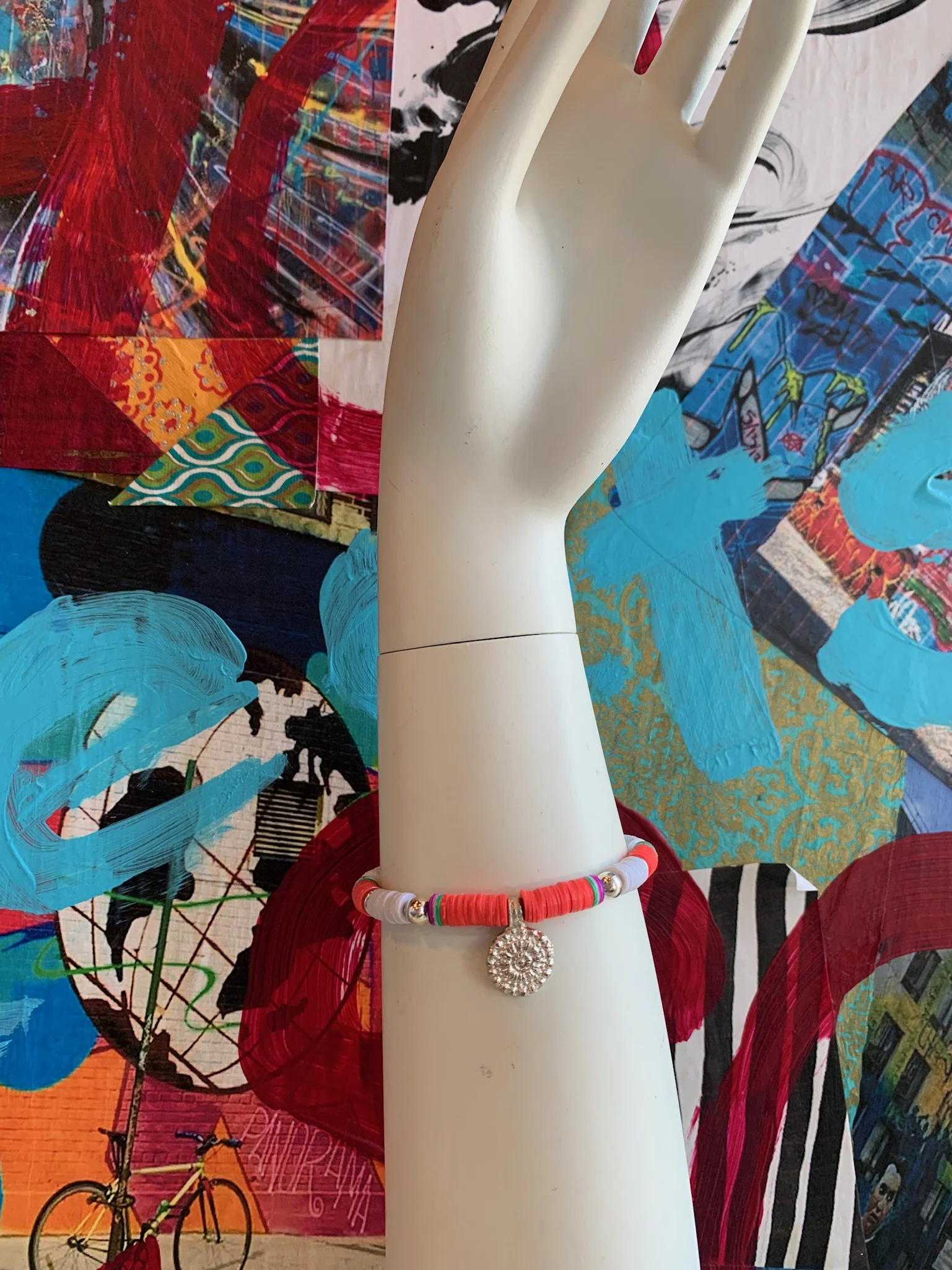 Orange &amp; White Vinyl Bracelet with Silver Charm