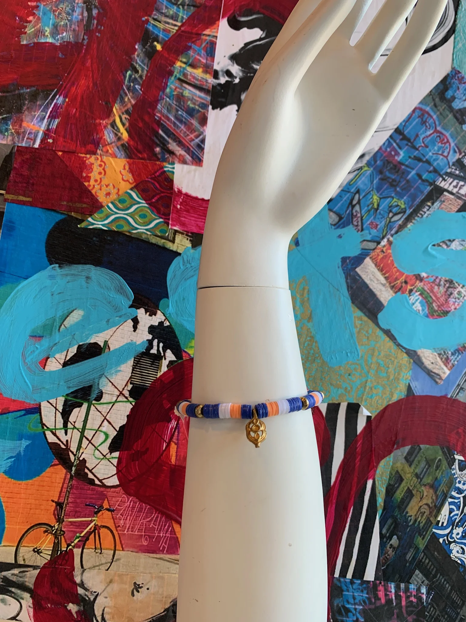 Blue &amp; Orange &amp; Brass Vinyl Bracelet