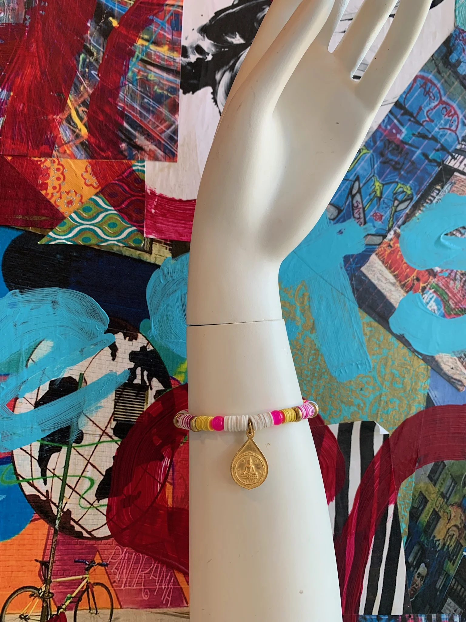 Pink &amp; Yellow African Vinyl Beaded Bracelet with Brass Buddha 