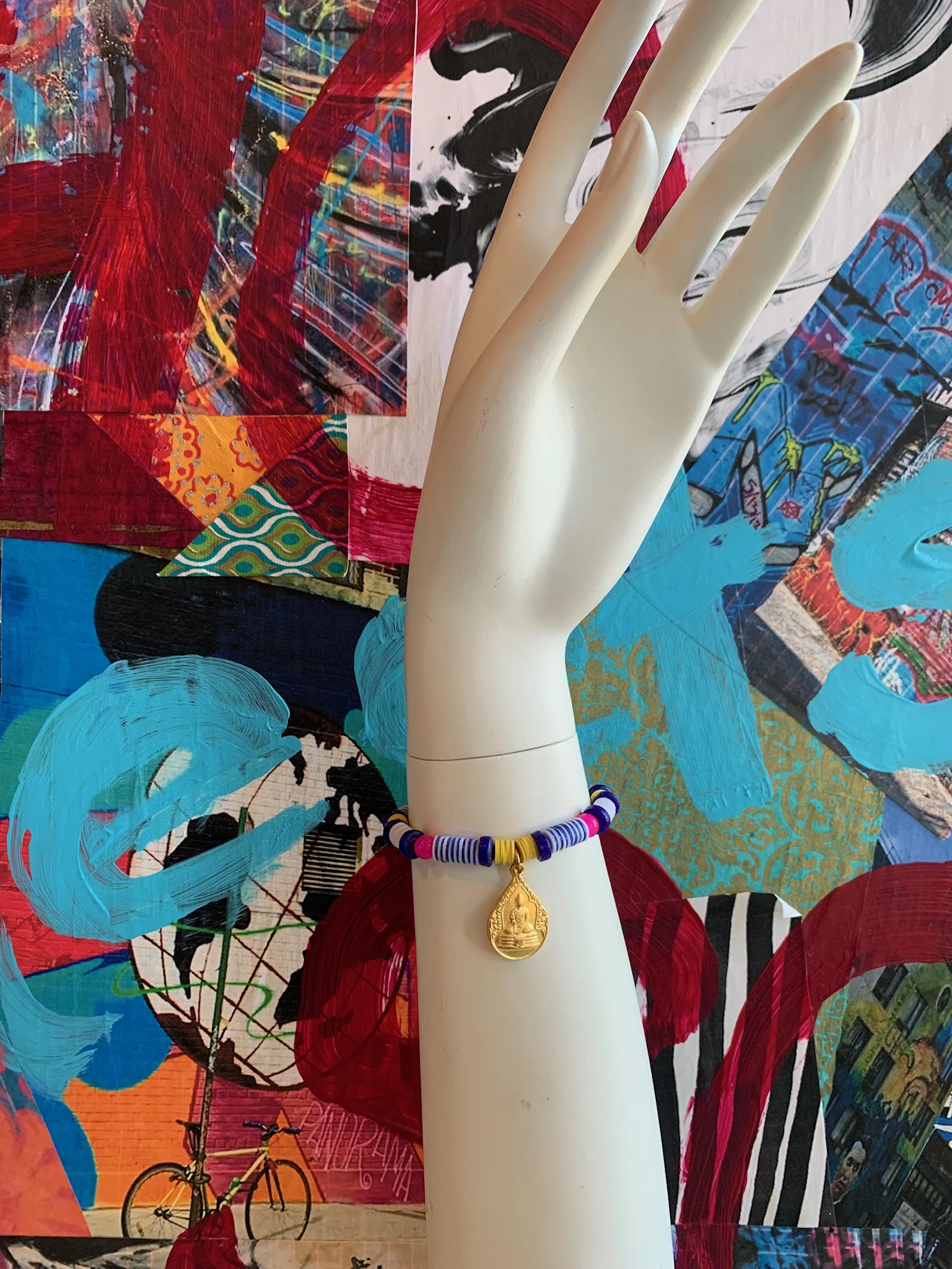 Blue &amp; Yellow Vinyl Bracelet with Brass Buddha Charm