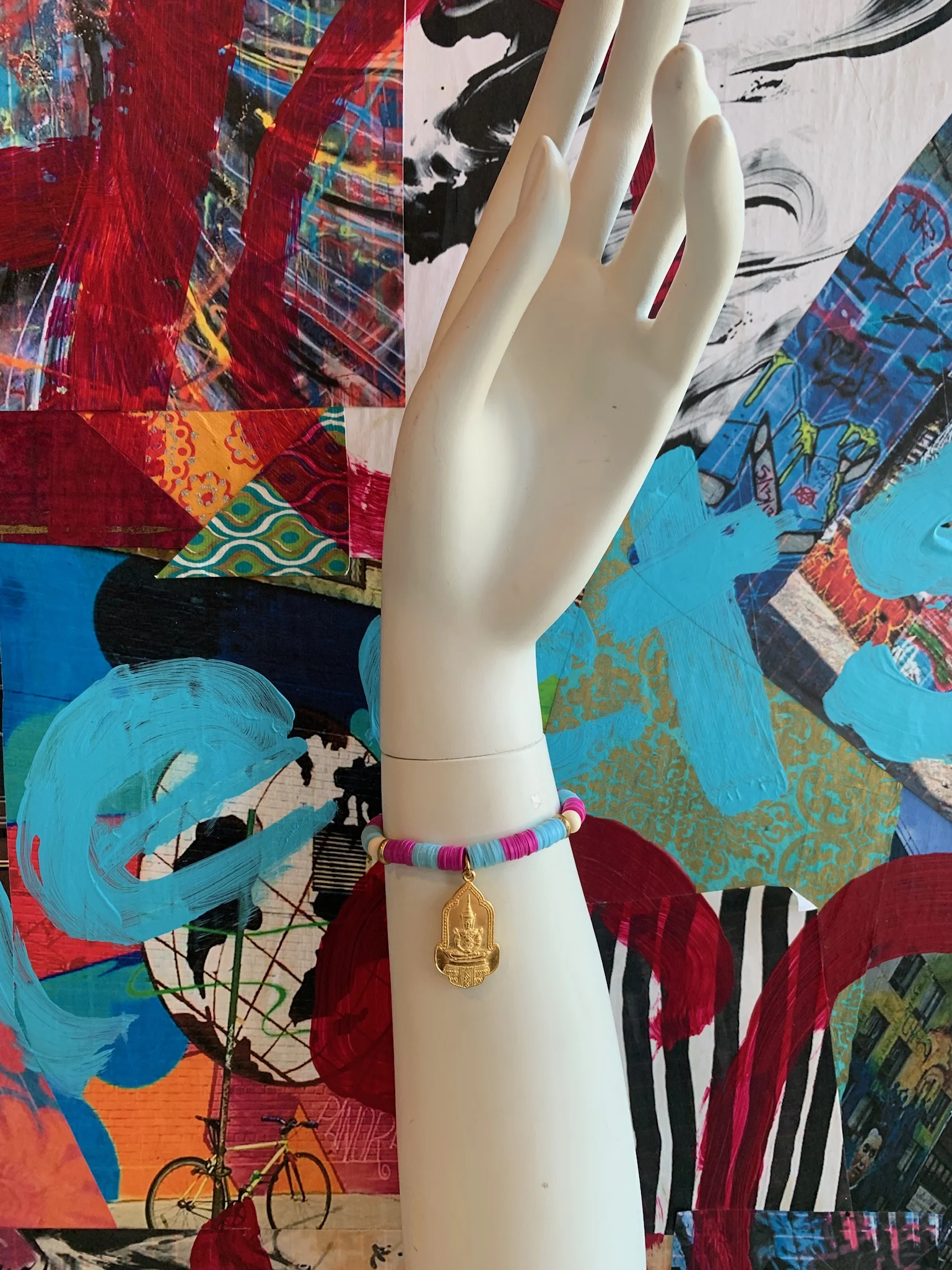 Blue &amp; Pink Vinyl Bracelet with Brass Buddha Charm