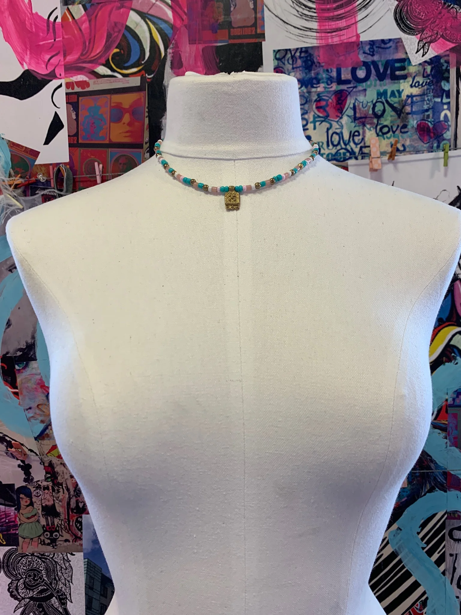 Pink &amp; Blue African Vinyl Adjustable Choker with Brass Charm