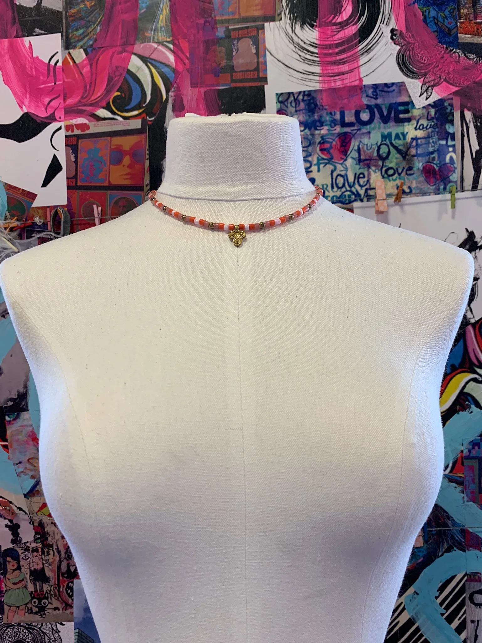 Pink &amp; Orange African Vinyl Adjustable Choker with Brass Charm