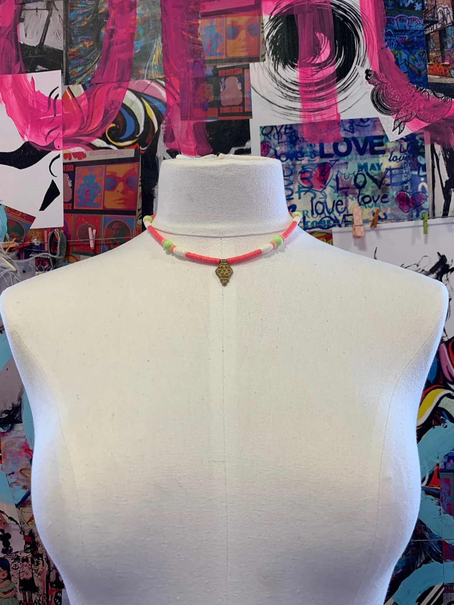 Pink &amp; Green Adjustable Vinyl Choker with Brass Charm