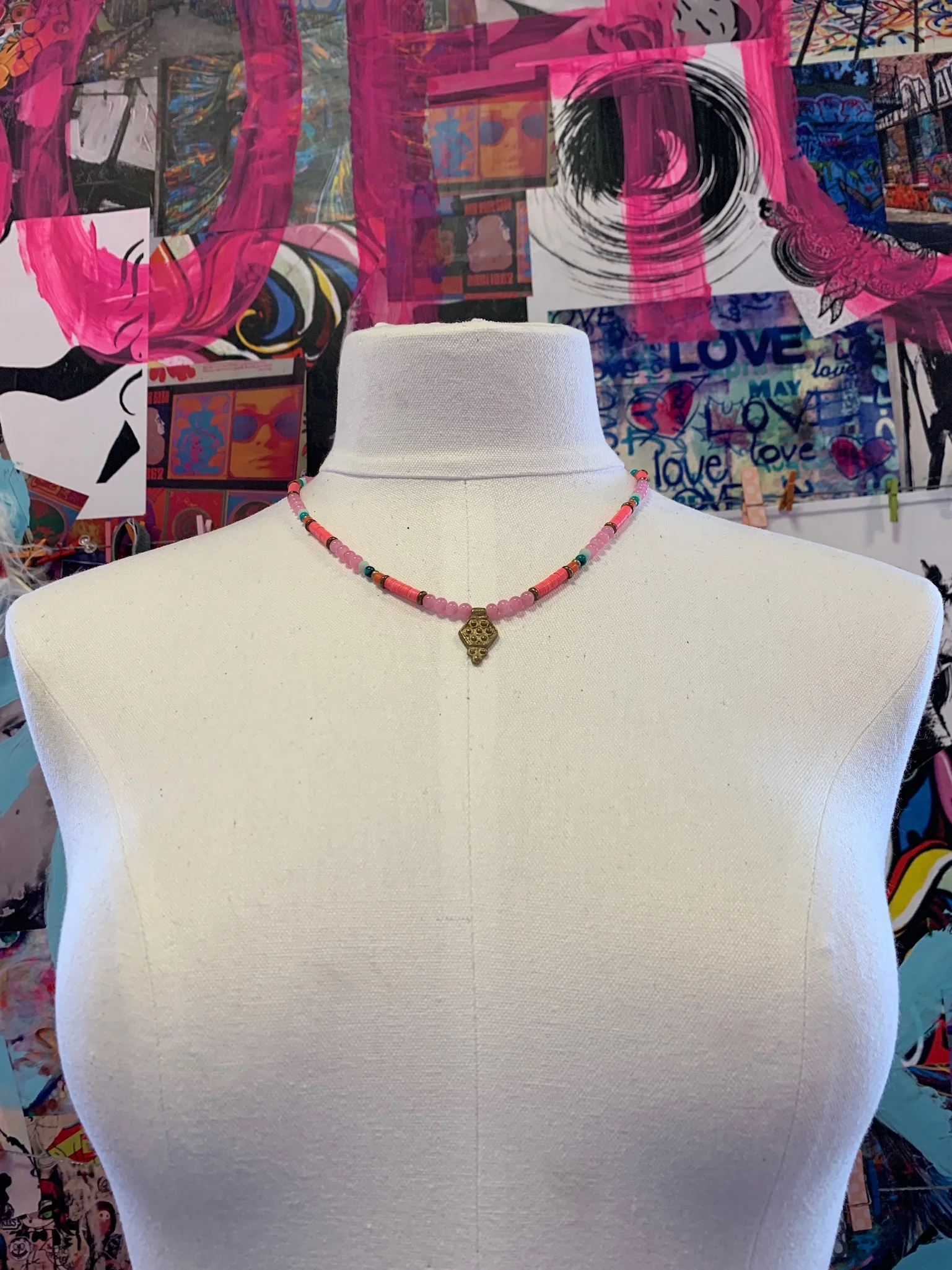 Pink &amp; Blue African Vinyl Adjustable Choker with Brass Charm