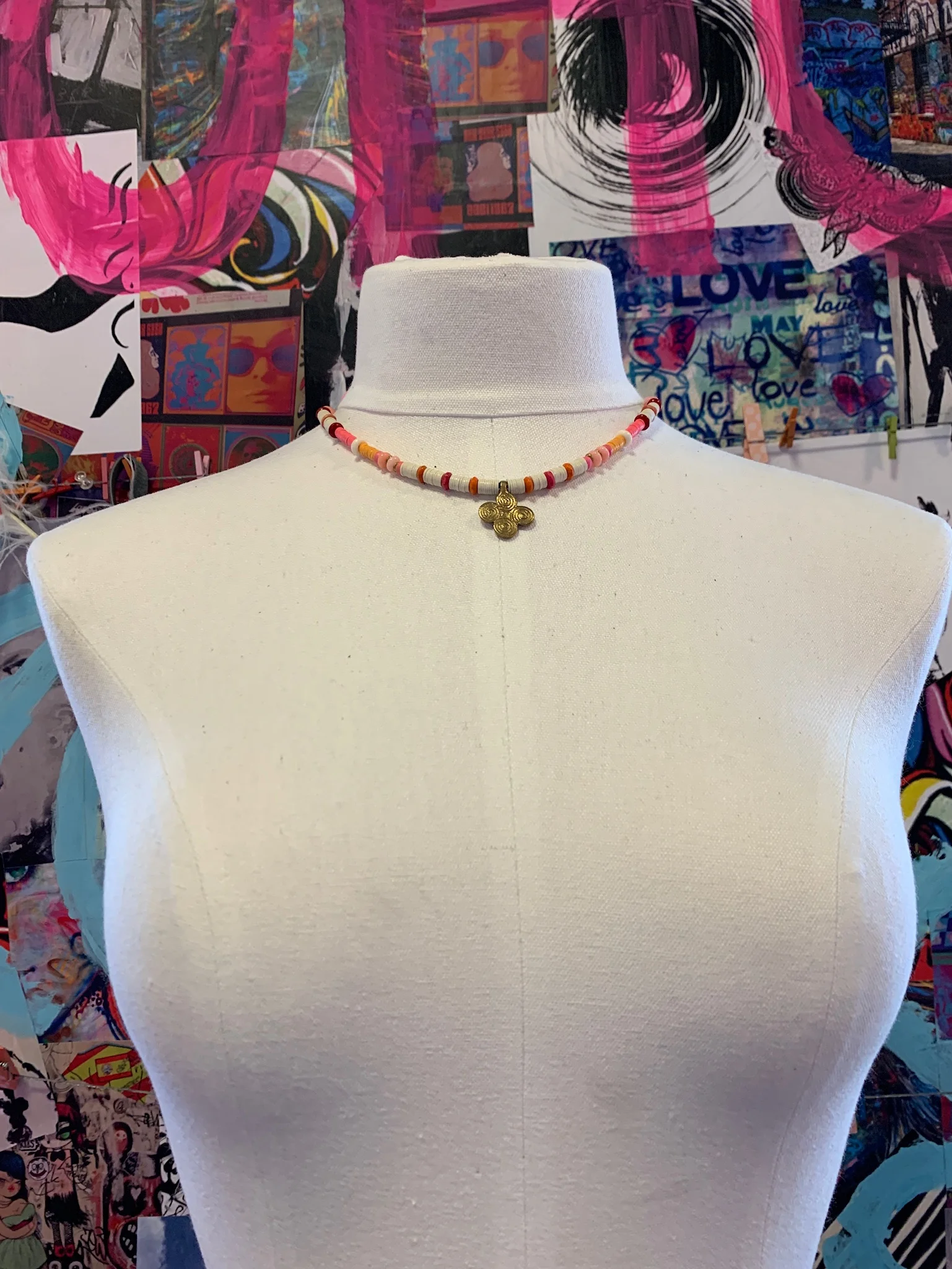 Orange &amp; Pink Adjustable Vinyl Choker with Brass Charm
