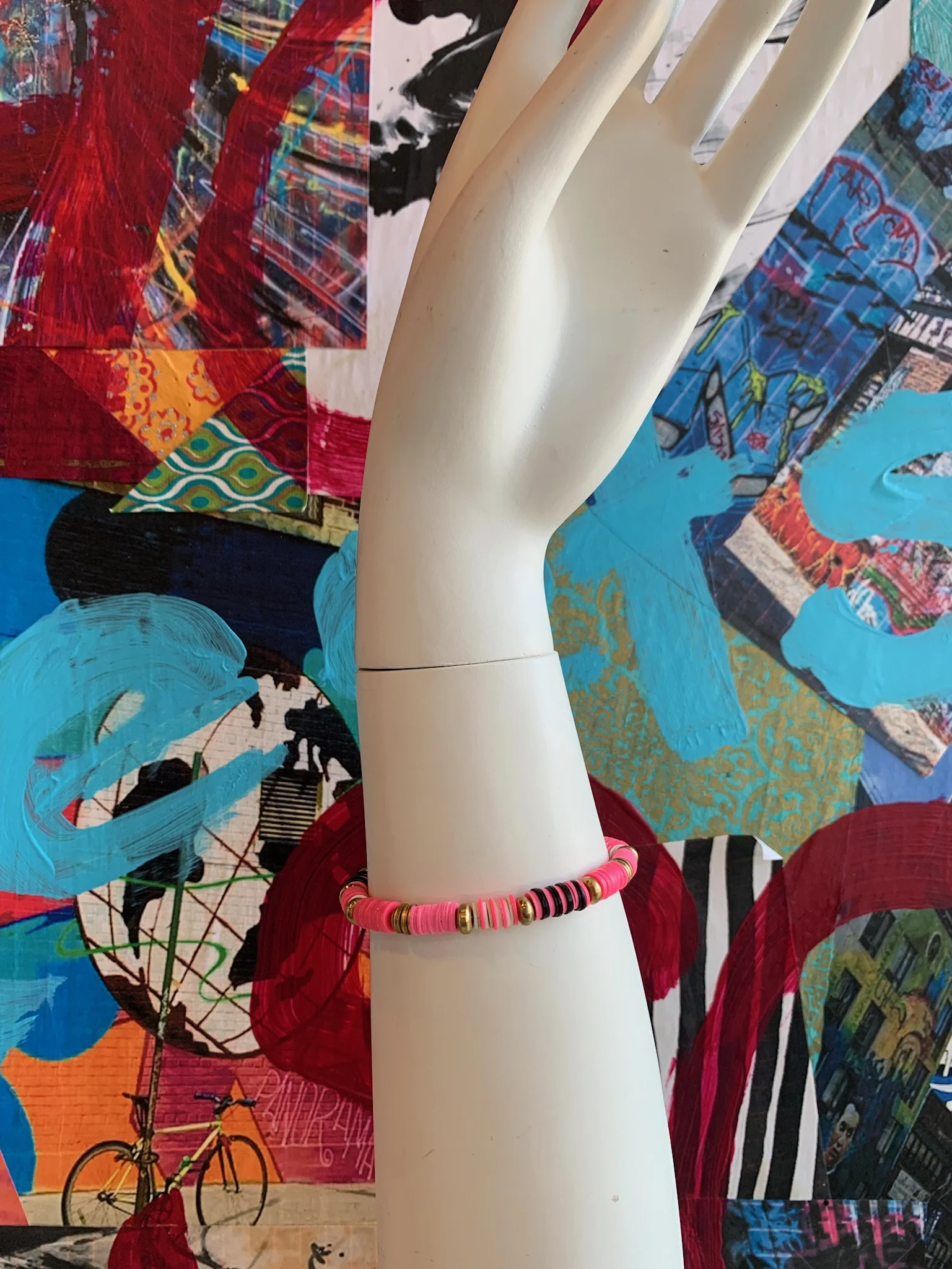 Pink &amp; Black &amp; Brass Vinyl Bracelet