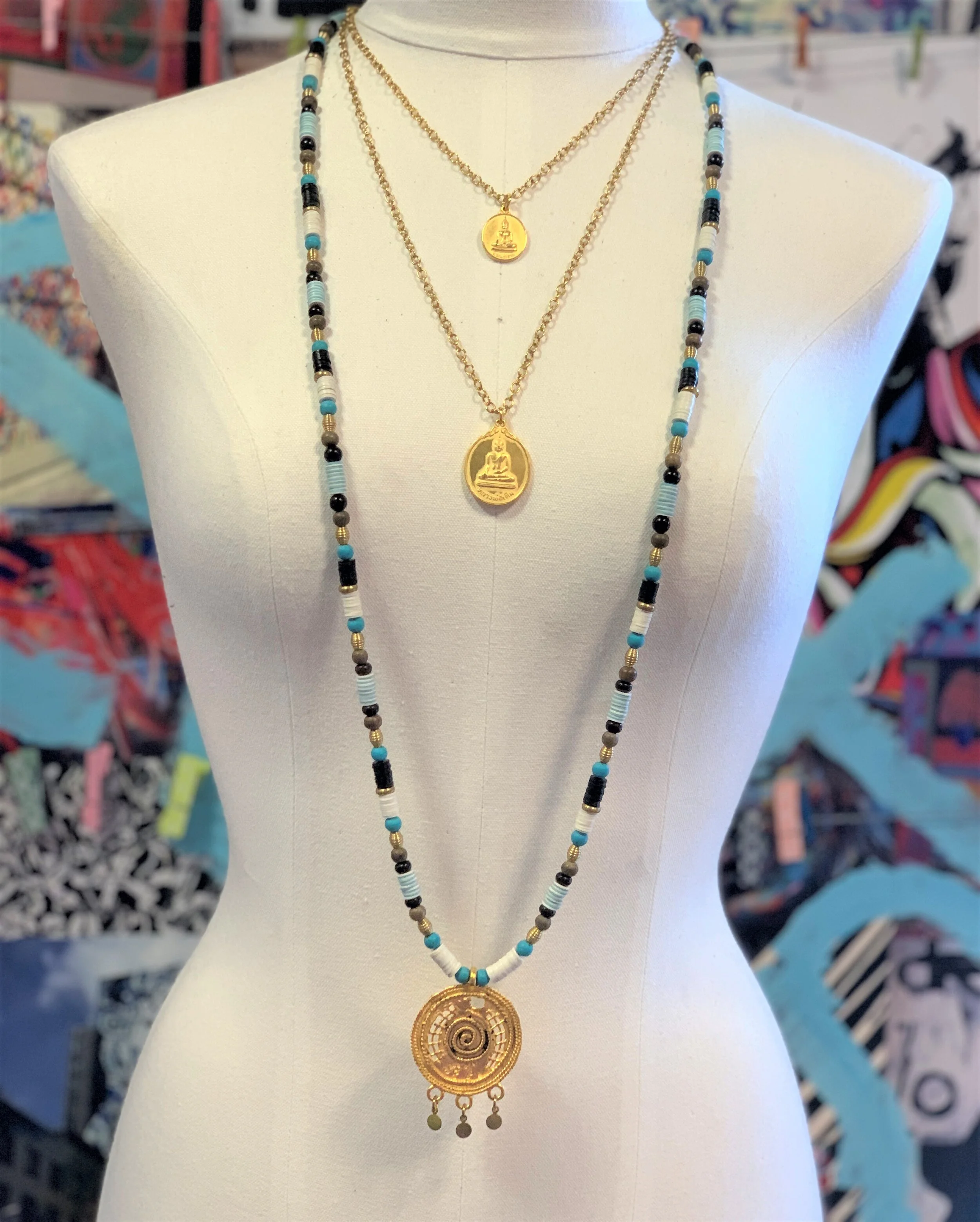 Black &amp; White &amp; Blue African Vinyl Wrap Necklace with Vintage Brass Charm