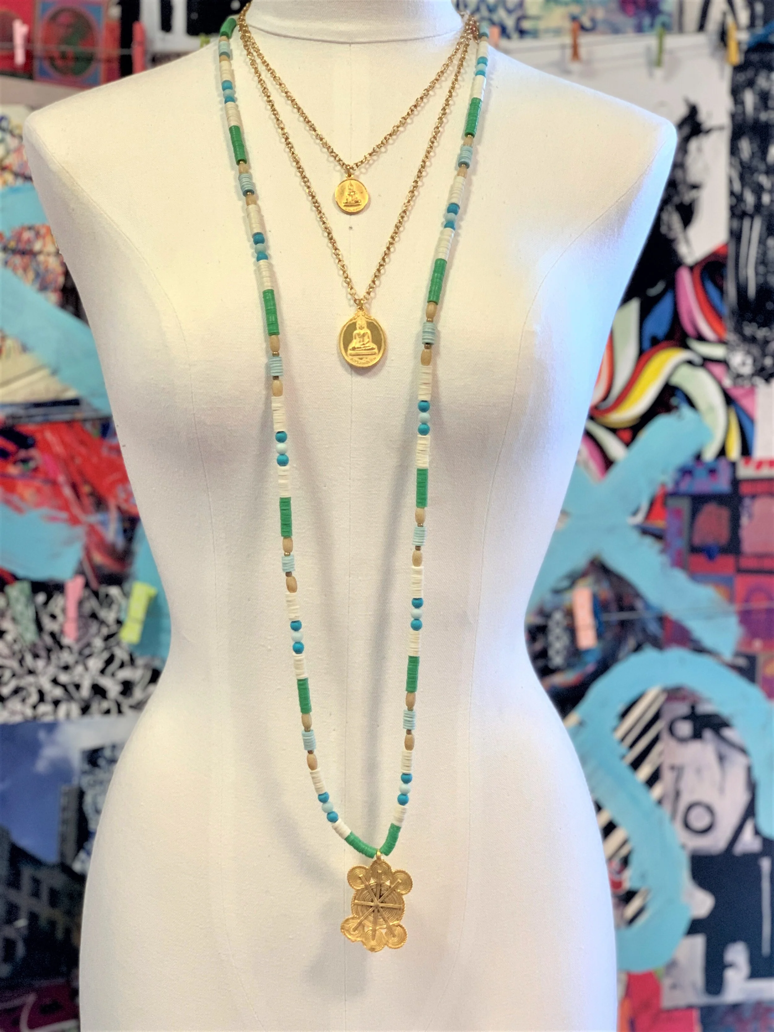 Green &amp; Blue &amp; White  African Vinyl Wrap Necklace with Ivory Coast Vintage Brass Pendant
