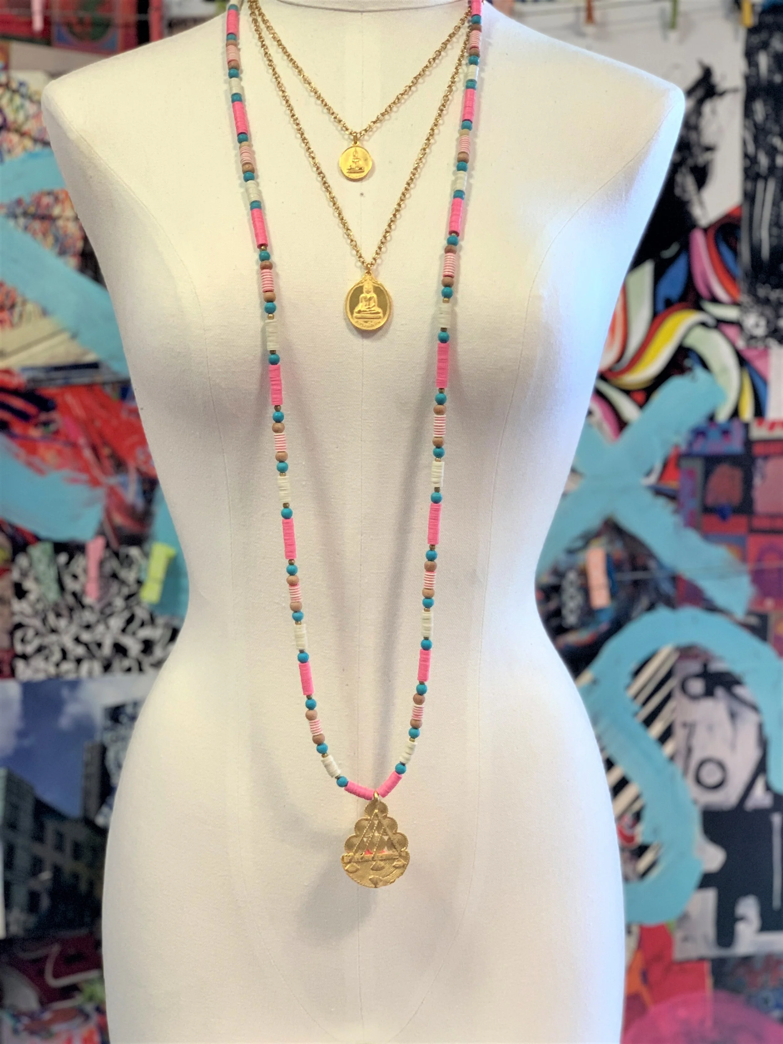 Pink &amp; Blue &amp; White African Vinyl Wrap Necklace with Ivory Coast Vintage Brass