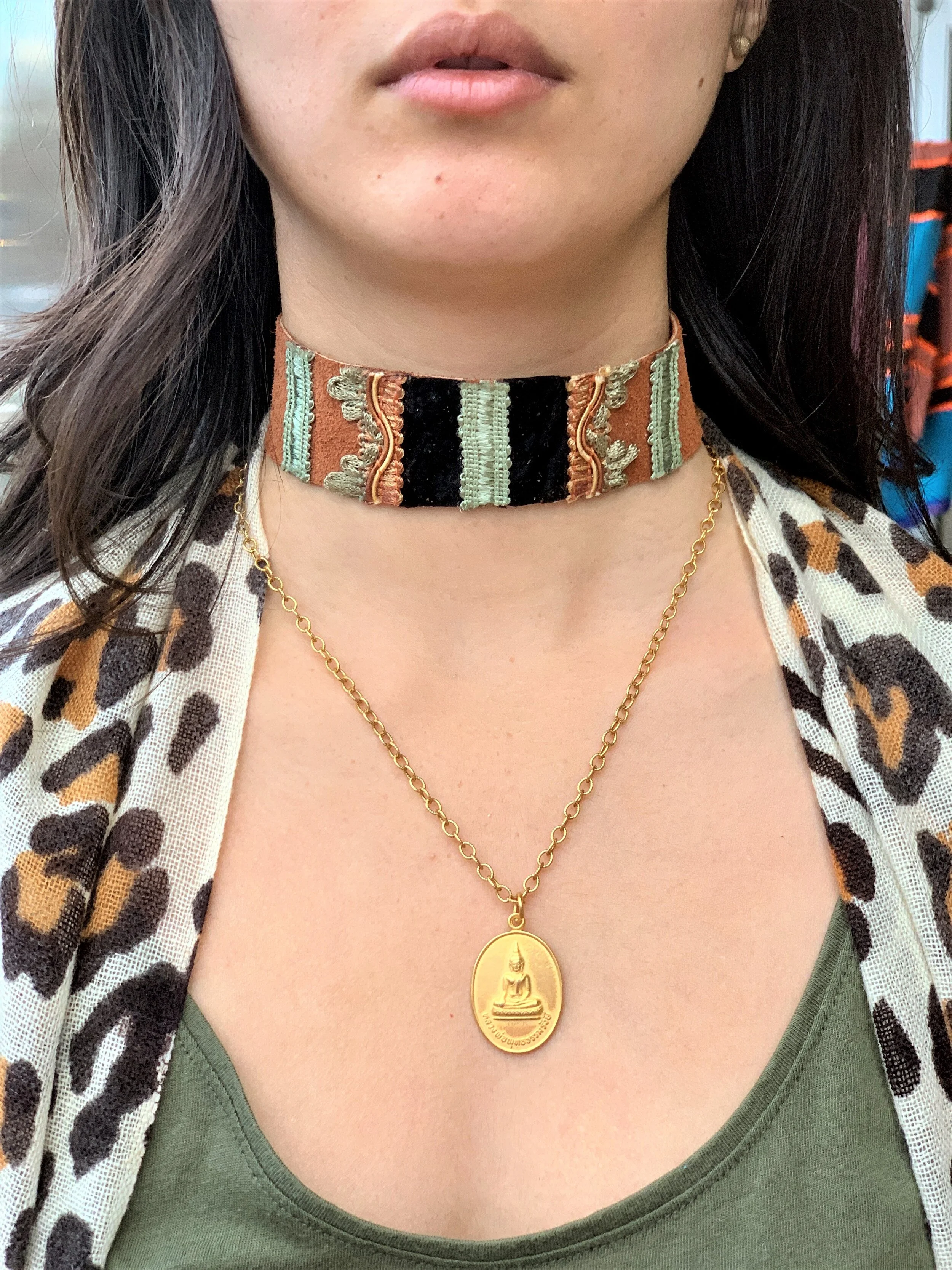 Marie Antoinette Suede Choker Sage and Black on Tan Suede