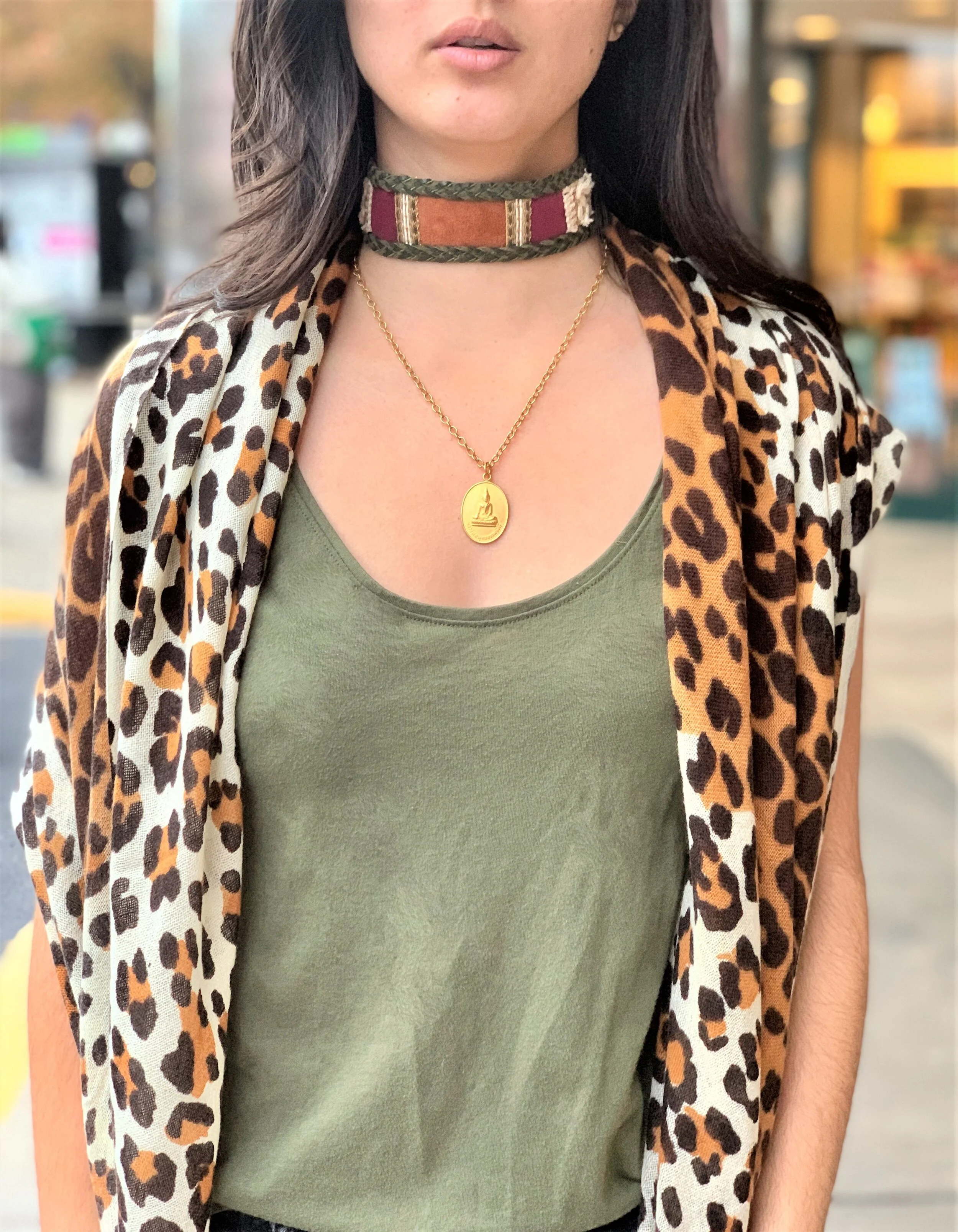 Brown, Burgundy and White Suede with Green Braid Choker