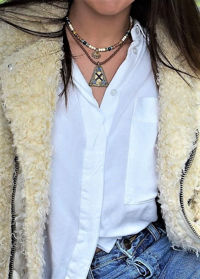 Adjustable Vintage Brass Pendant on Leather Cording with Blue Accents