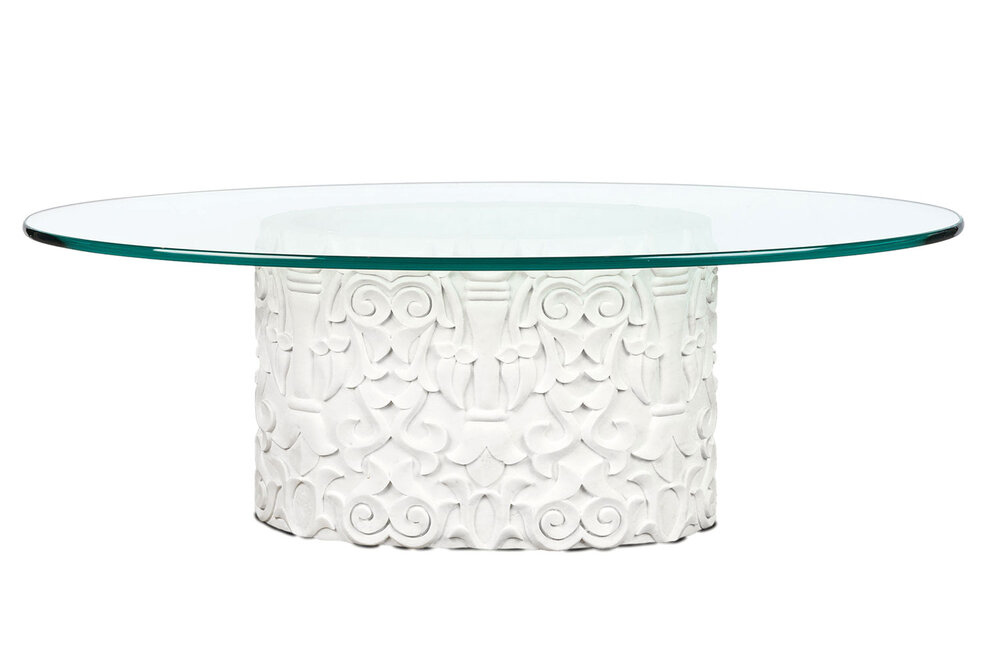 Self-indulgence insect Inactive Lotus Hand-Carved Oval Marble Coffee Table + Glass Top By Stephanie Odegard  — SR HUGHES