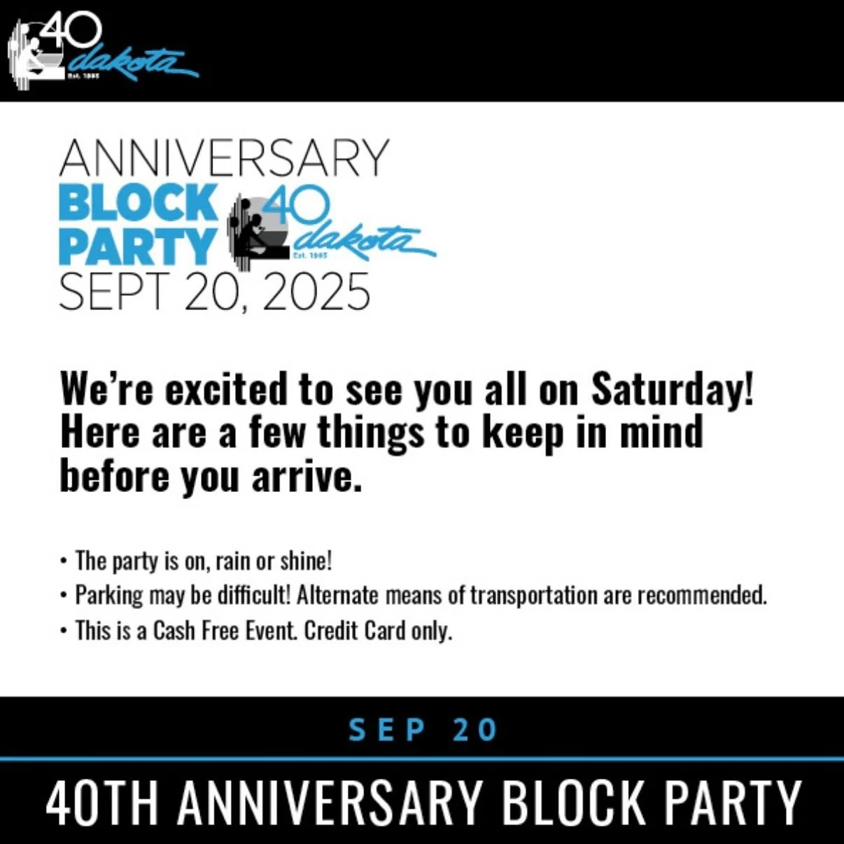 Minneapolis, you&rsquo;re invited 🎉 to @dakotampls 40th Anniversary Block Party TOMORROW with music 🎶 all day long, Minneapolis Craft 🛍️Market makers and fresh NOLA 🍴flavors. Plus fun for the kids in the 🎵🤪Treble Makers Corner.

Rain or shine, 