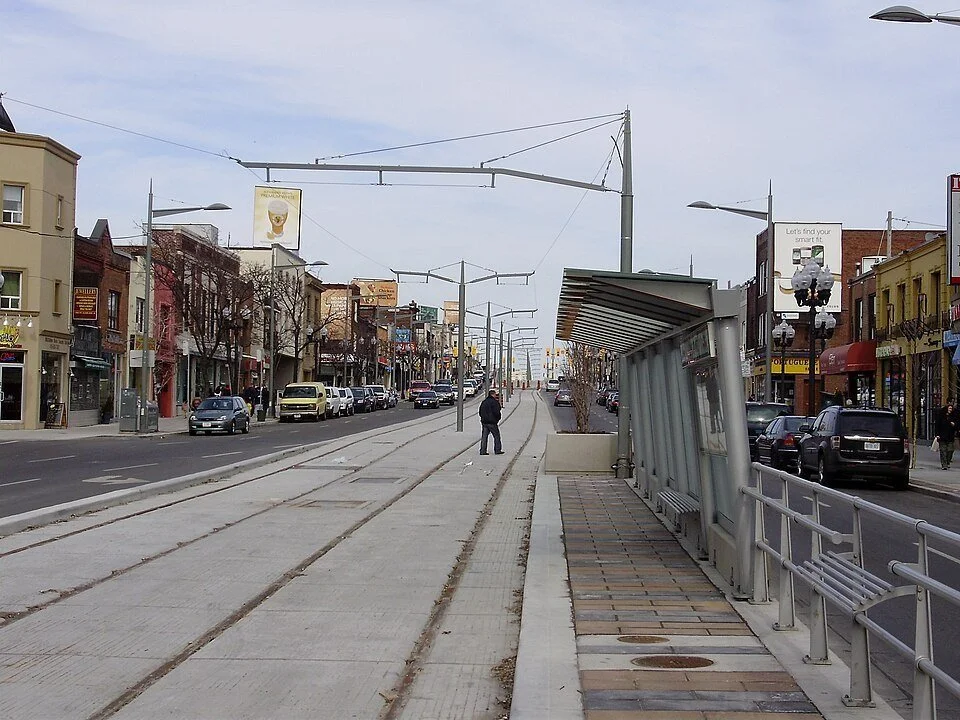 St. Clair Avenue West streetcar line and shops in Corso Italia, Toronto