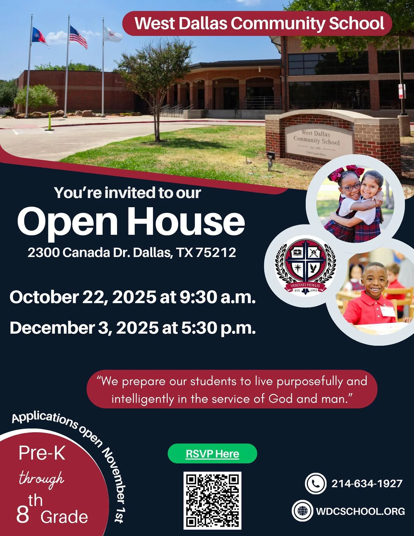 Are you a West Dallas family looking for affordable, private, Christian education for your children? Join us for an Open House to hear about the mission of WDCS and how we provide access to a high quality education for our students. RSVP through the 