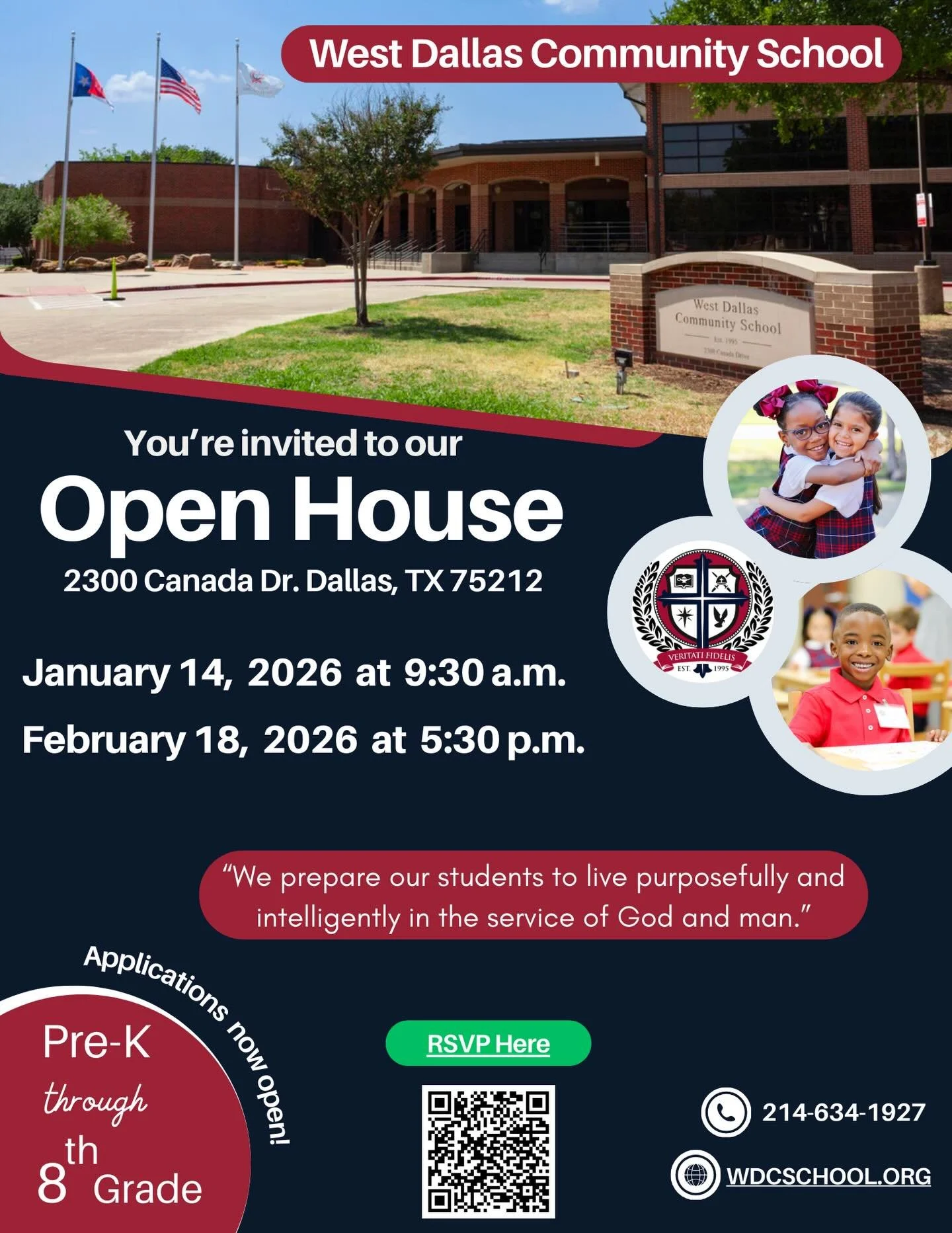 Are you a West Dallas family looking for affordable, private, Christian education for your children? Join us for an Open House to hear about the mission of WDCS and how we provide access to a high quality education for our students. RSVP through the 