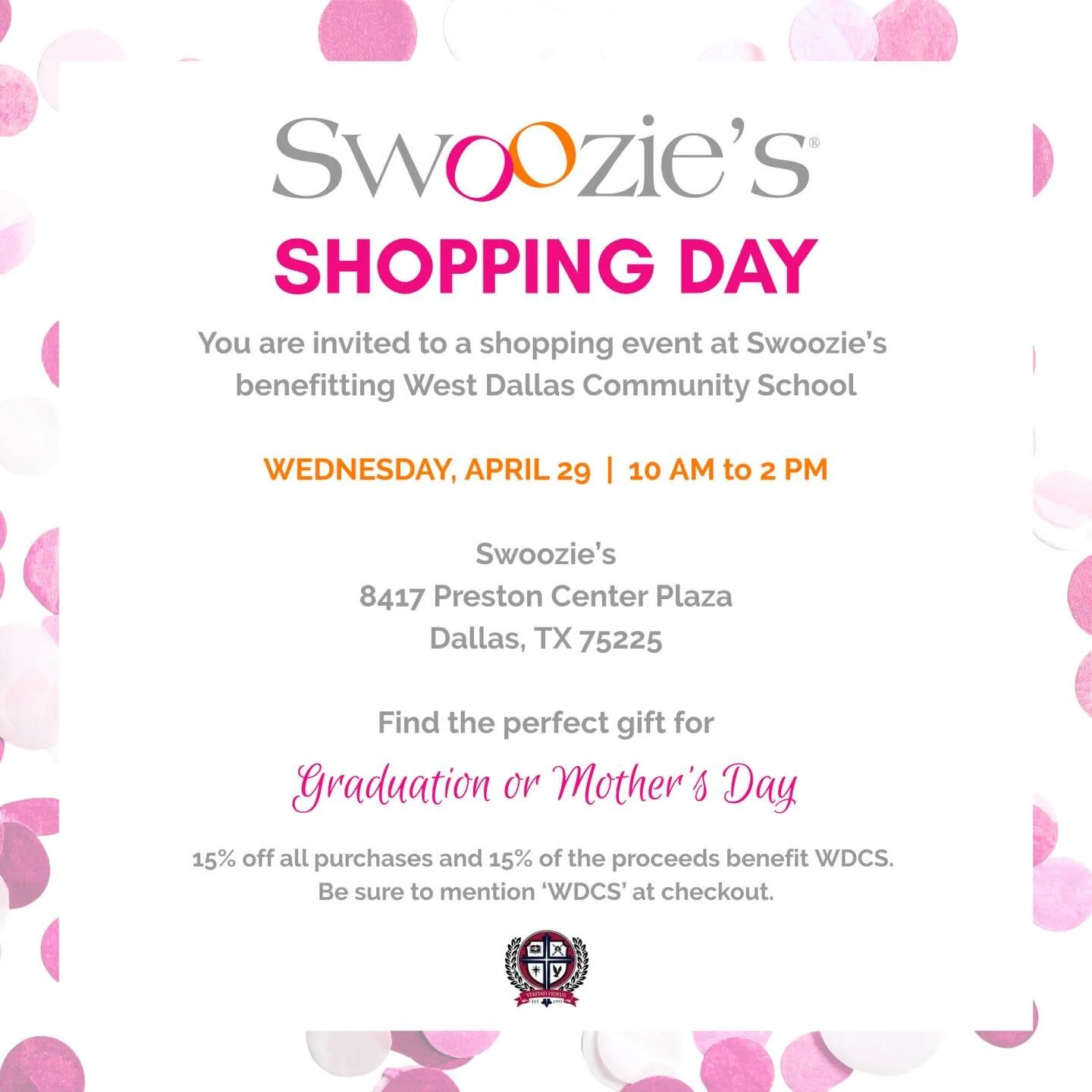 Find the perfect gift for Mother&rsquo;s Day or graduation, and Join us for a shopping event at Swoozie&rsquo;s this Wednesday. 15% off all purchases, and 15% of the proceeds will benefit the students of WDCS. 🩷🧡