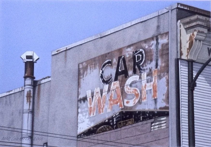 Vancouver advertising on side of small urban building photorealism hyperrealism painting by Canadian artist Neil MacCormick