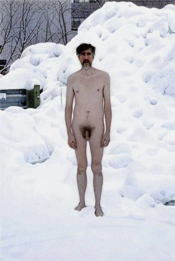 male nude self portrait Montreal urban winter exterior  photorealism hyperrealism painting by Canadian artist Neil MacCormick