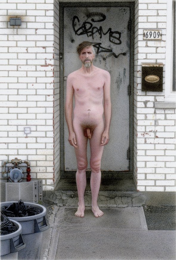 male nude self portrait Montreal urban graffiti exterior  photorealism hyperrealism painting by Canadian artist Neil MacCormick