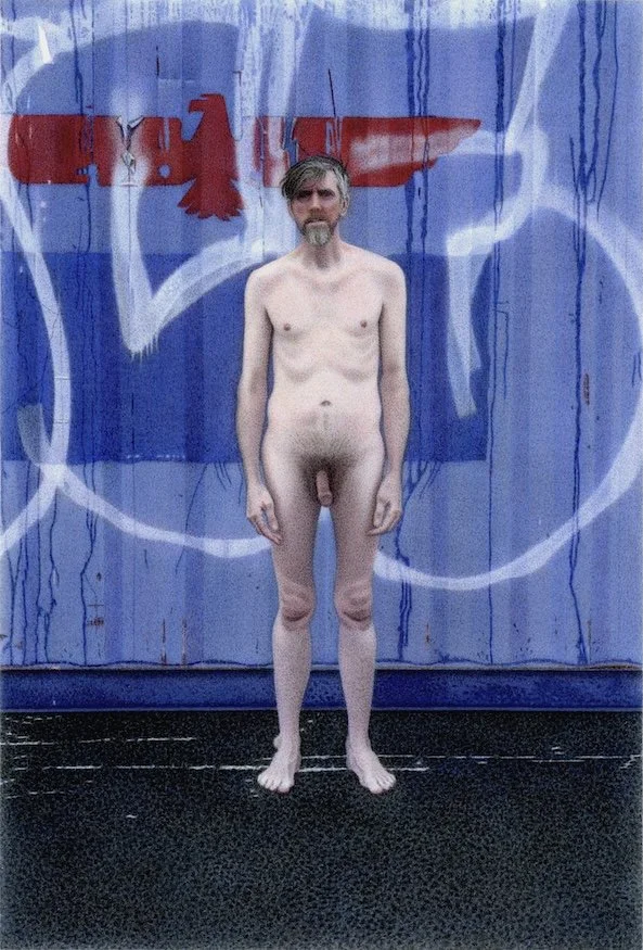 male nude self portrait Montreal urban graffiti exterior  photorealism hyperrealism painting by Canadian artist Neil MacCormick
