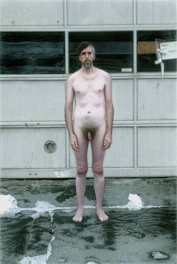 male nude self portrait Montreal urban winter exterior  photorealism hyperrealism painting by Canadian artist Neil MacCormick