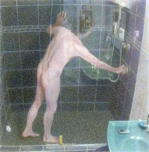 male nude interior bathroom photorealism hyperrealism coloured pencil drawing by Canadian artist Neil MacCormick