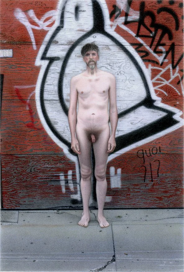male nude self portrait Montreal urban graffiti exterior  photorealism hyperrealism painting by Canadian artist Neil MacCormick