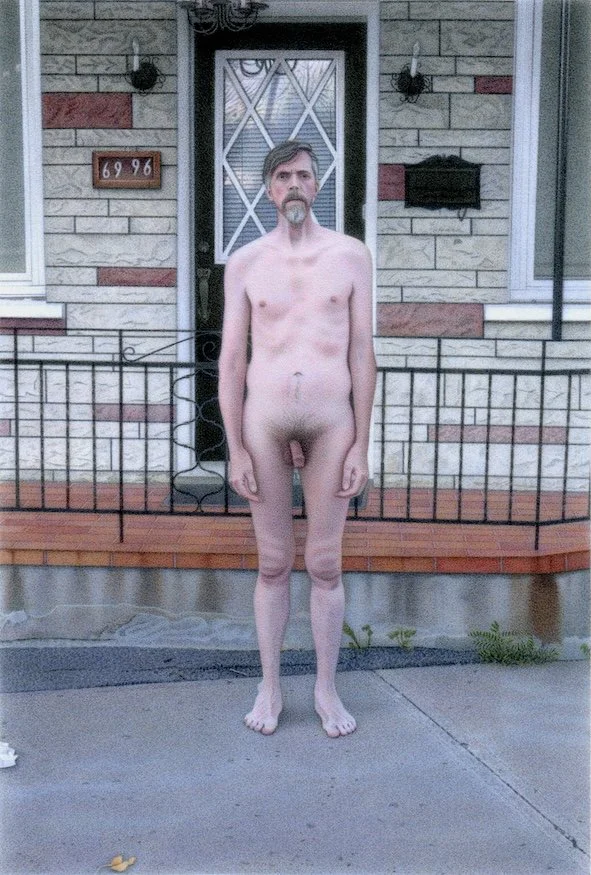 male nude self portrait Montreal urban exterior  photorealism hyperrealism painting by Canadian artist Neil MacCormick