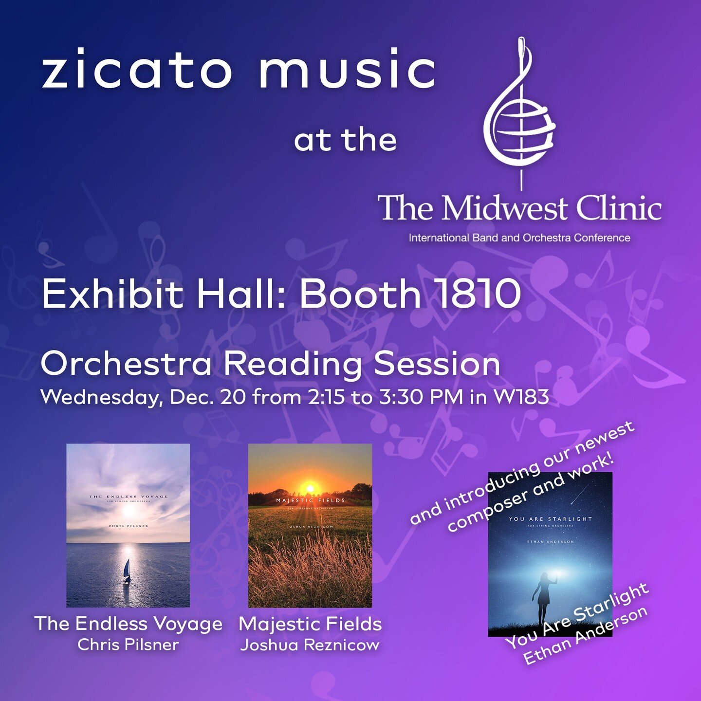 We're gearing up for The Midwest Clinic next week!
Visit us in the Exhibit Hall in Booth 1810!
Check out our new works &quot;The Endless Voyage&quot; and &quot;Majestic Fields&quot; at the Reading Session on Wednesday, December 20 from 2:15 &ndash; 3